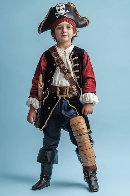 Young Boy in Pirate Costume for Halloween on Light Blue Background