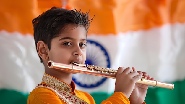 Photo young boy playing the indian national anthem on a flute