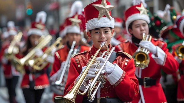 Young Boy Playing Trumpet in Red Uniform With Golden Star on Hat Photo