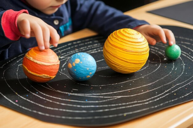 Photo young boy playing with a diy solar system model