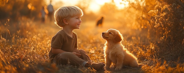 Photo young boy playing with puppy in sunlit meadow