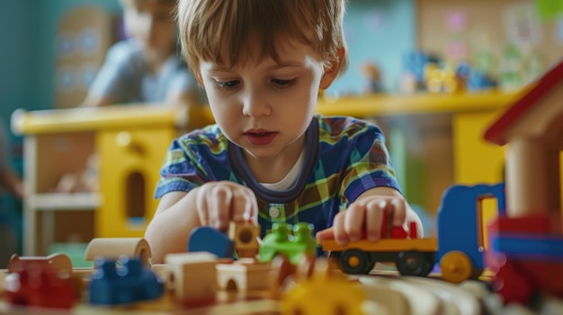 Young boy playing with toy train set Perfect for children39s education materials