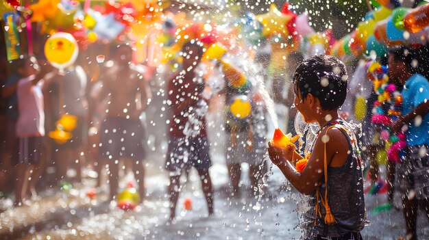 Photo a young boy plays in a water festival splashing and laughing