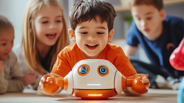 Photo a young boy plays with a toy robot surrounded by other children