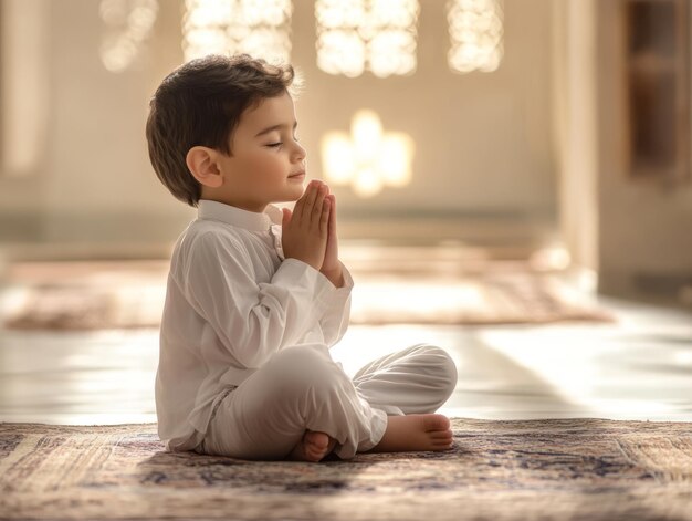 Photo young boy praying in mosque