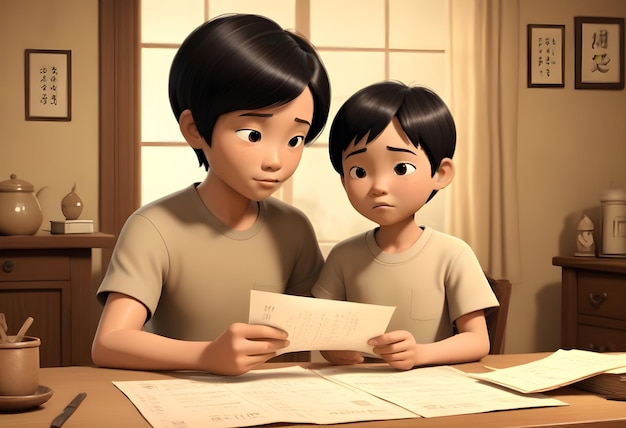 A young boy presenting his mother with a list of chores and payments he has completed as his mother