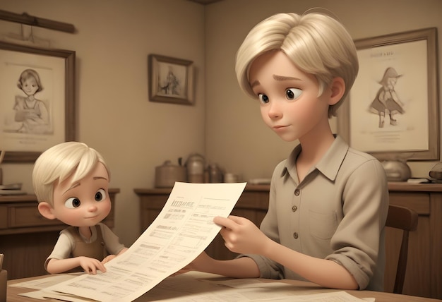 A young boy presenting his mother with a list of chores and payments he has completed as his mother