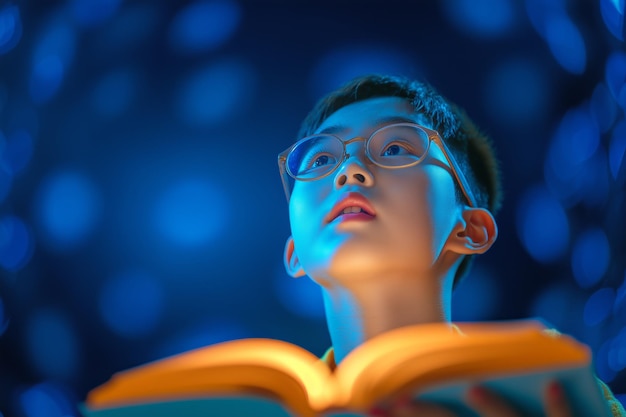 Photo young boy reading a glowing book under vibrant lights at night in a cozy room