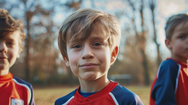 A young boy in a red and blue soccer jersey smiles confidently while standing on a field