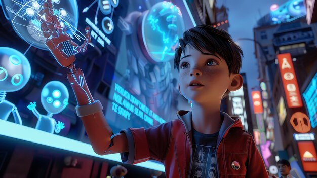 Photo a young boy in a red jacket stands in a futuristic city interacting with a glowing digital screen