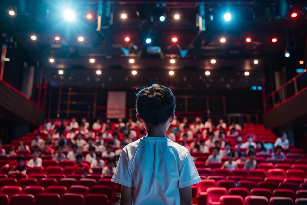 Young Boy Rehearsing Drama Scene on Stage in Auditorium Filled with Enthusiastic Students