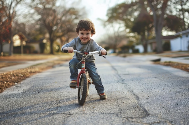 A young boy riding a bike down a street