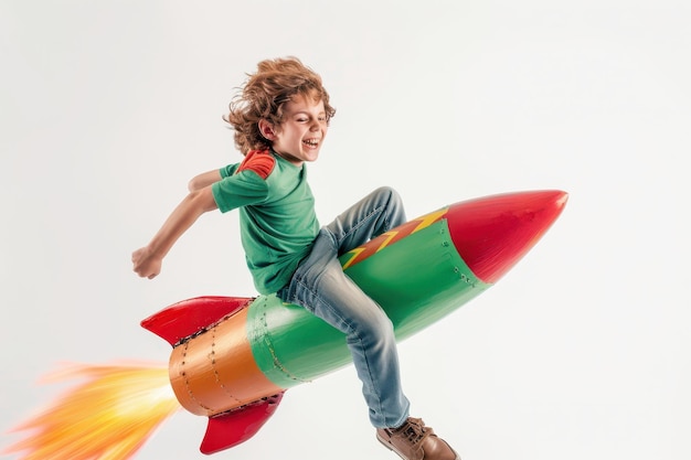 a young boy riding on a toy rocket