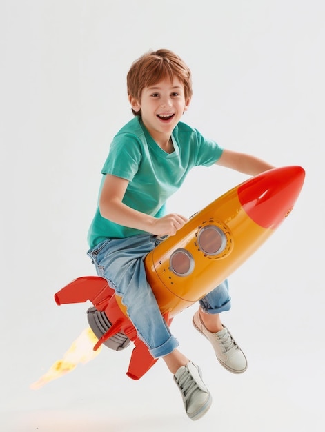 a young boy riding on a toy rocket