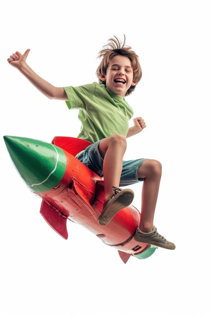 a young boy riding on a toy rocket