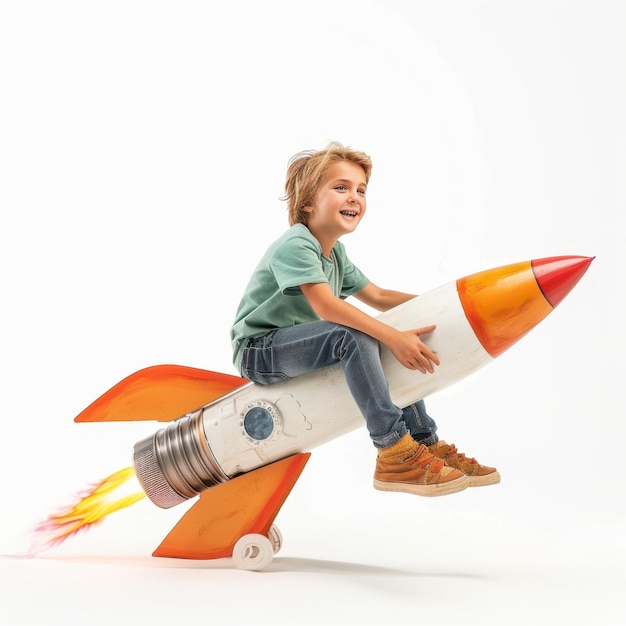 a young boy riding on a toy rocket