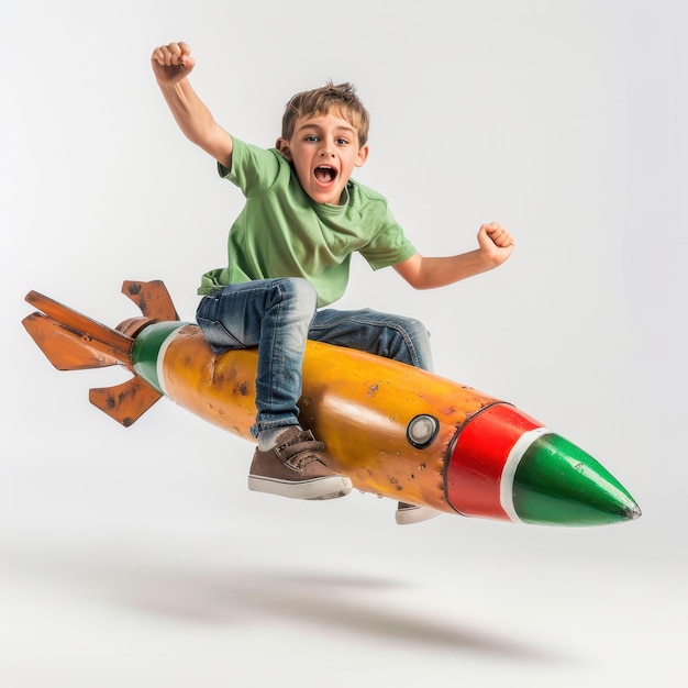 a young boy riding on a wooden rocket