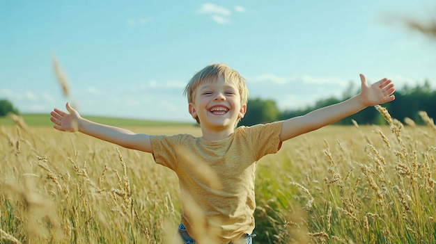 Photo a young boy running joyfully through a lush field of tall grass perfect for capturing childhood freedom and natures beauty