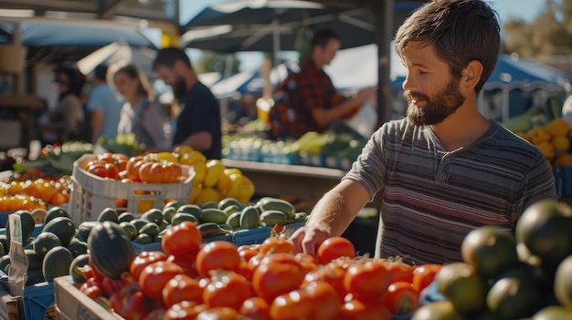 Young Boy Selecting Fresh Tomatoes at Vibrant Outdoor Farmers Market in Early Morning Light