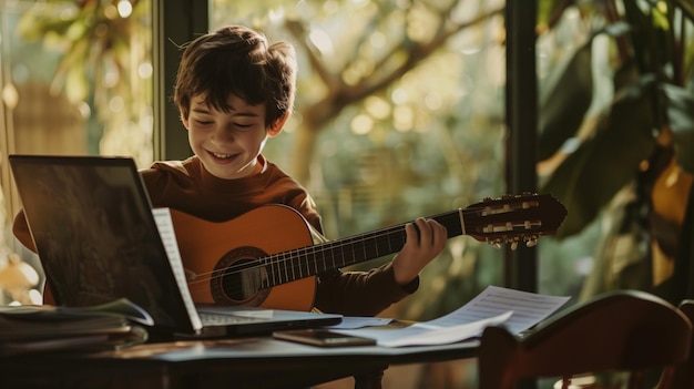 Photo young boy sits on back garden a classical guitar on a laptop online guitar lesson or practicing