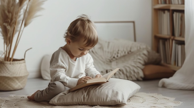 A young boy sits on a large pillow and reads a book