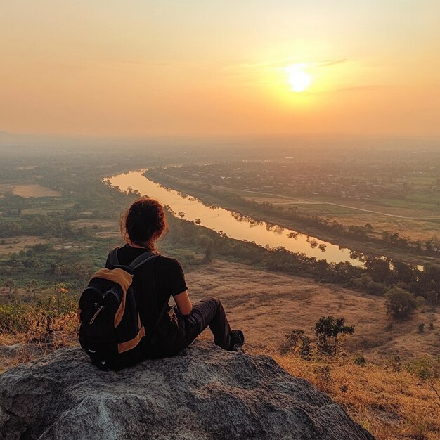 Photo a young boy sits on a rock looking at a river at sunset