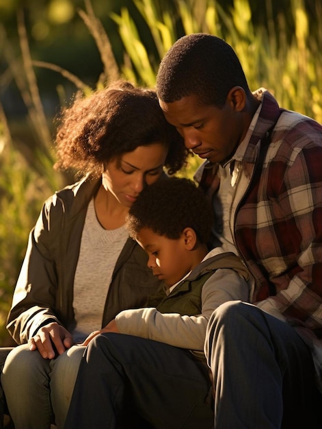 a young boy sits next to a woman and reads a book