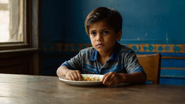 A young boy sitting as he waits to be fed at the dining table with an empty plate in front of him