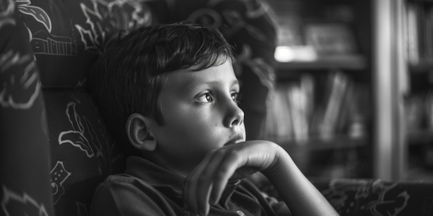 A young boy sitting in a chair looking thoughtful