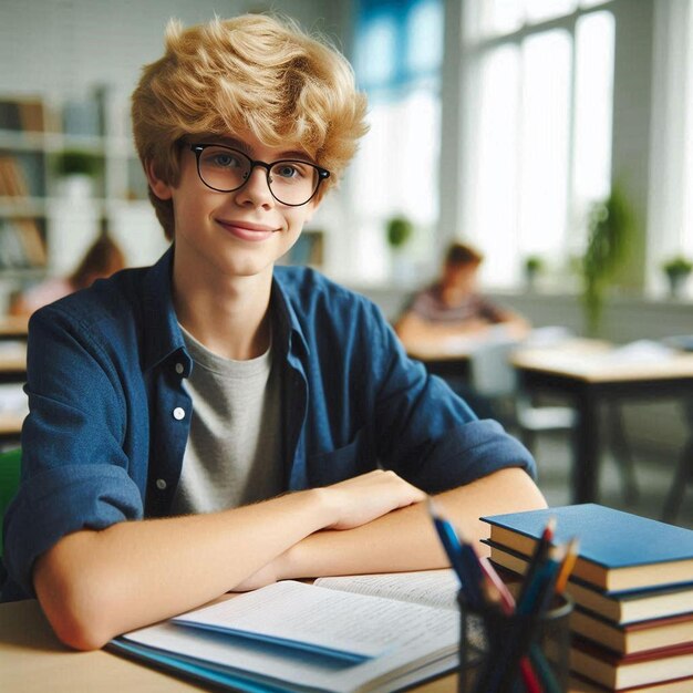 Photo a young boy sitting at desk with a pile of books