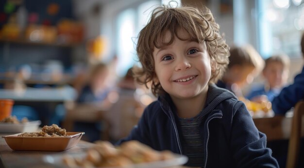 Young boy sitting at table with plate of food