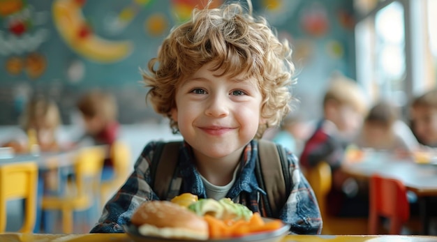 Young boy sitting at table with plate of food