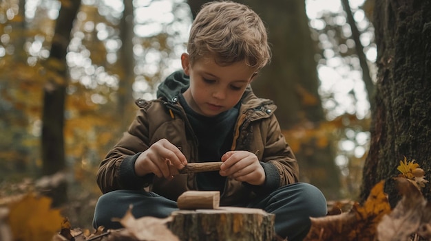 A Young Boy Sitting on a Tree Stump in the Woods for NatureThemed Projects and Educational Materials