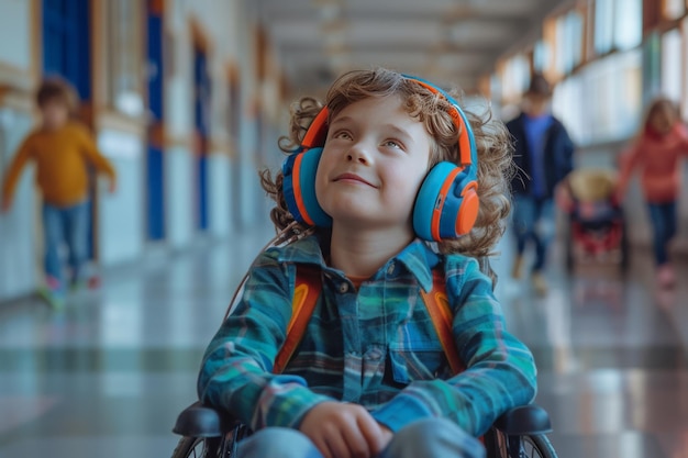 Young boy sitting in a wheelchair wearing headphones and enjoying music at corridor school