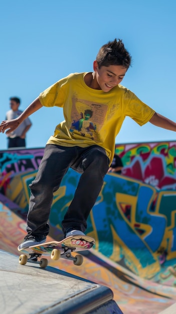 Young Boy Skateboarding on a Ramp in a Skatepark