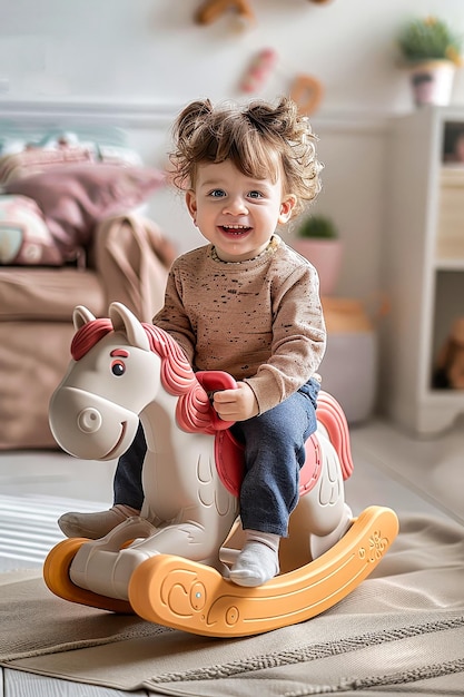 A Young Boy Smiles As He Rides His Rocking Horse In A Brightly Lit Room