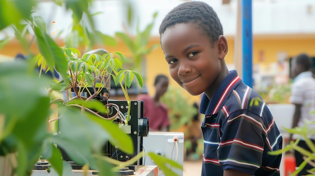 Photo a young boy smiles while standing near a plant and a piece of technology