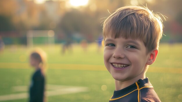 Young boy smiling on a football field