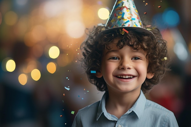 Young boy smiling in party hat and holding a confetti with Generative AI