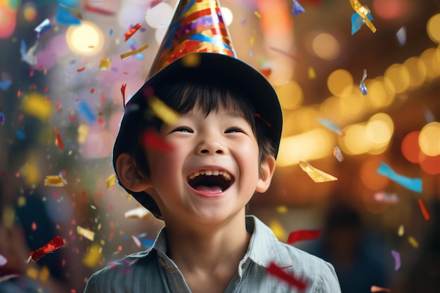 Young boy smiling in party hat and holding a confetti with Generative AI