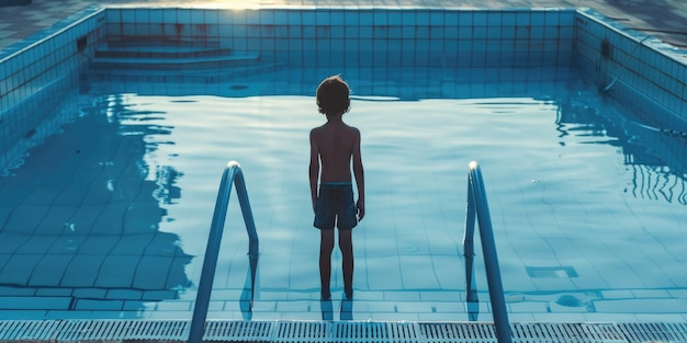 A young boy standing at the edge of a swimming pool Ideal for summer activities promotion