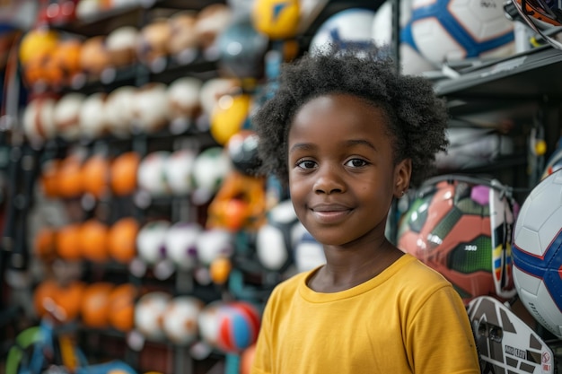 Young Boy Standing in Front of Wall of Soccer Balls