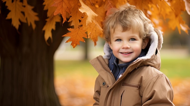 Young Boy Standing Under Tree in Park