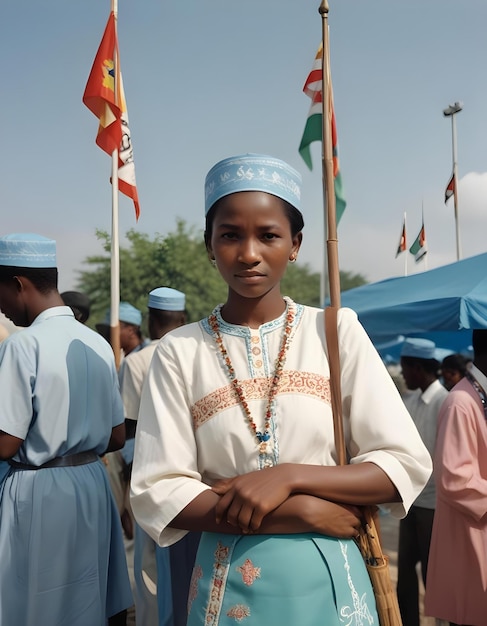 a young boy stands in front of a blue tent with flags and other people in the background