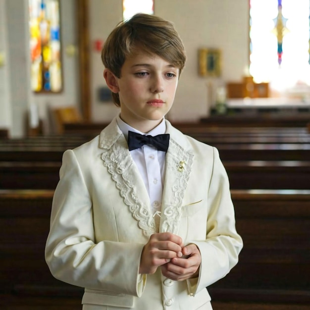 A young boy stands proudly in his white suit adorned with intricate lace and delicate