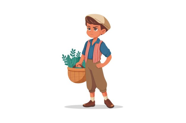 A young boy in a striped vest holds a basket of plants