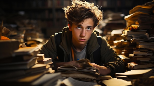 Photo young boy student sitting stunned and overwhelmed amidst a never ending pile of books and papers surrounding him generative ai