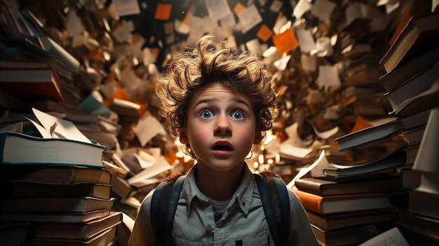 Photo young boy student sitting stunned and overwhelmed amidst a never ending pile of books and papers surrounding him generative ai