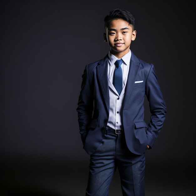 A young boy in a suit and tie stands in front of a dark background.