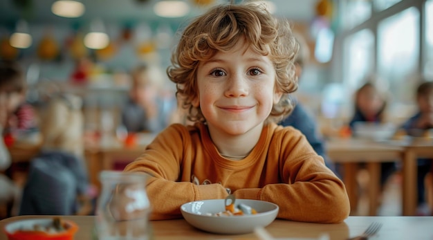 Young boy at table with bowl of food